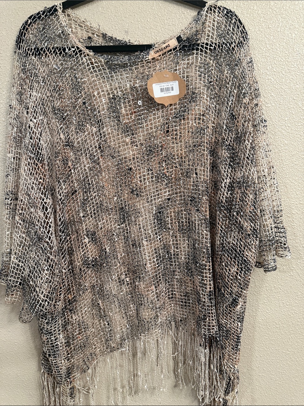 Sequined Animal print Open-Knit Fringe Shawl OS